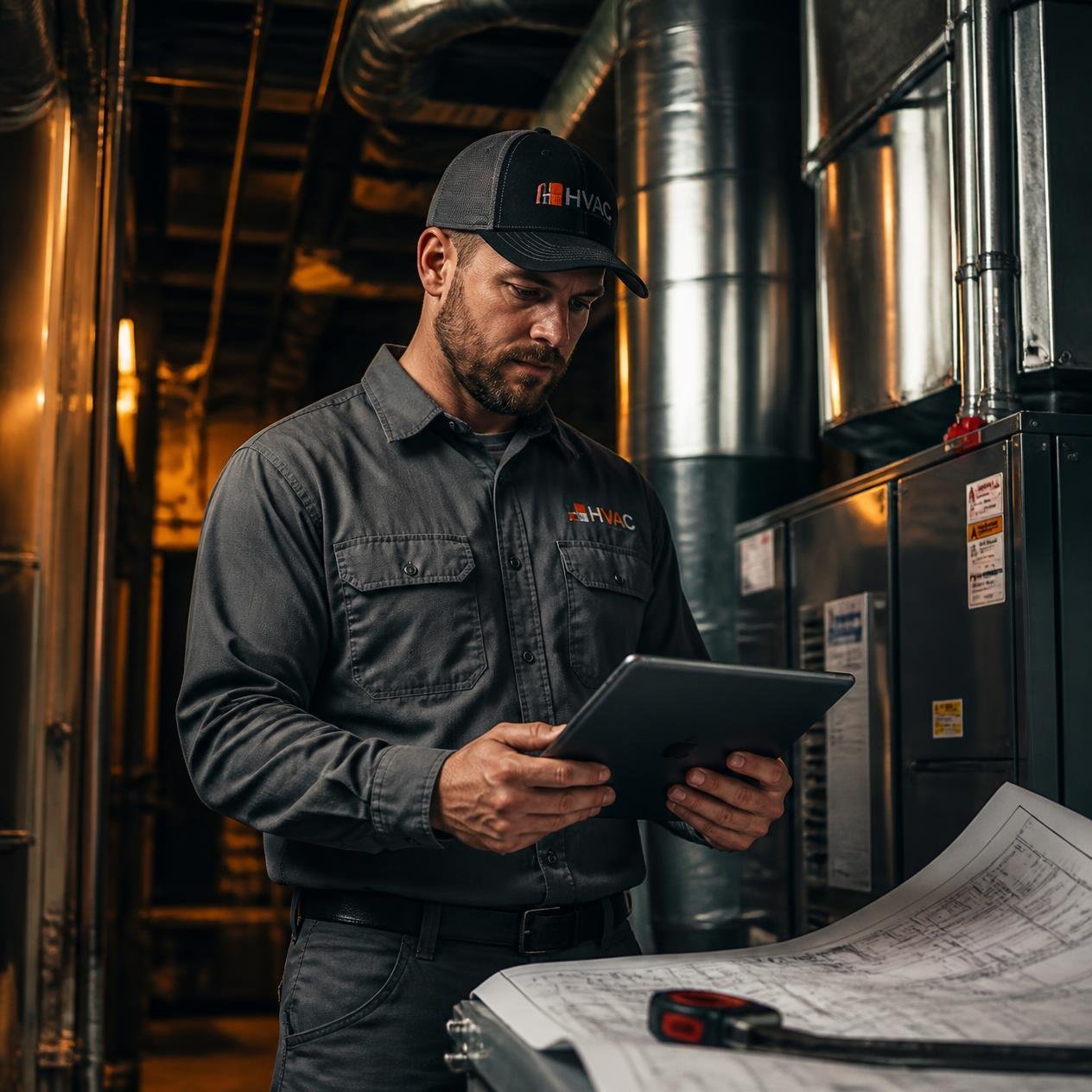 HVAC technician on a job site holding an iPad and reviewing plans, professional photo, warm dramatic lighting, dark steel tones, orange accent light, cinematic editorial style