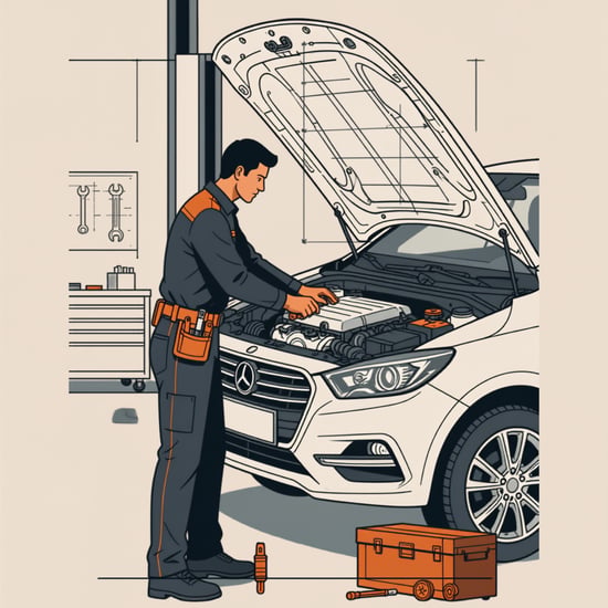 Auto repair technician working under the hood of a car